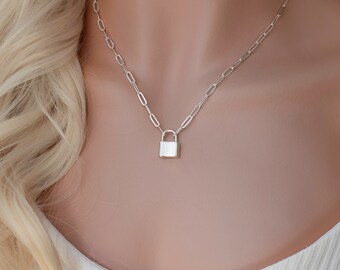 ネックレス・ペンダント Pearl padlock Lock Necklace(925 Silver, 2 COLOR) 925 Sterling Silver Padlock Necklace, Paperclip Necklace