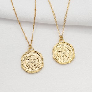 Coin Gold Filled Necklace, Saint Benedict Coin Medal Necklace