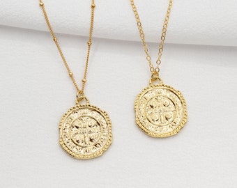 Coin Gold Filled Necklace, Saint Benedict Coin Medal Necklace
