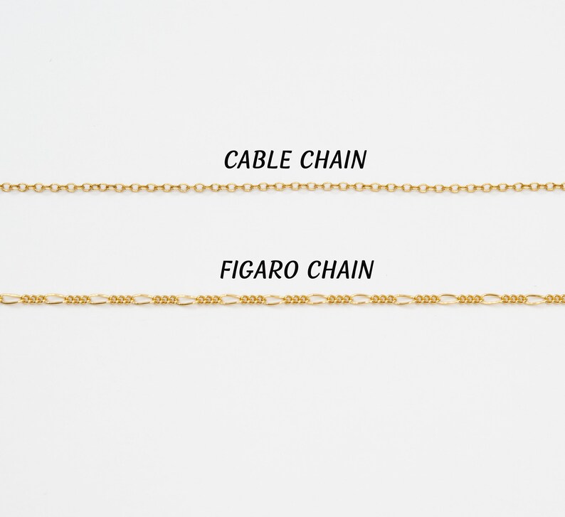 May include: Two gold chains, one labeled "Cable Chain" and the other labeled "Figaro Chain".