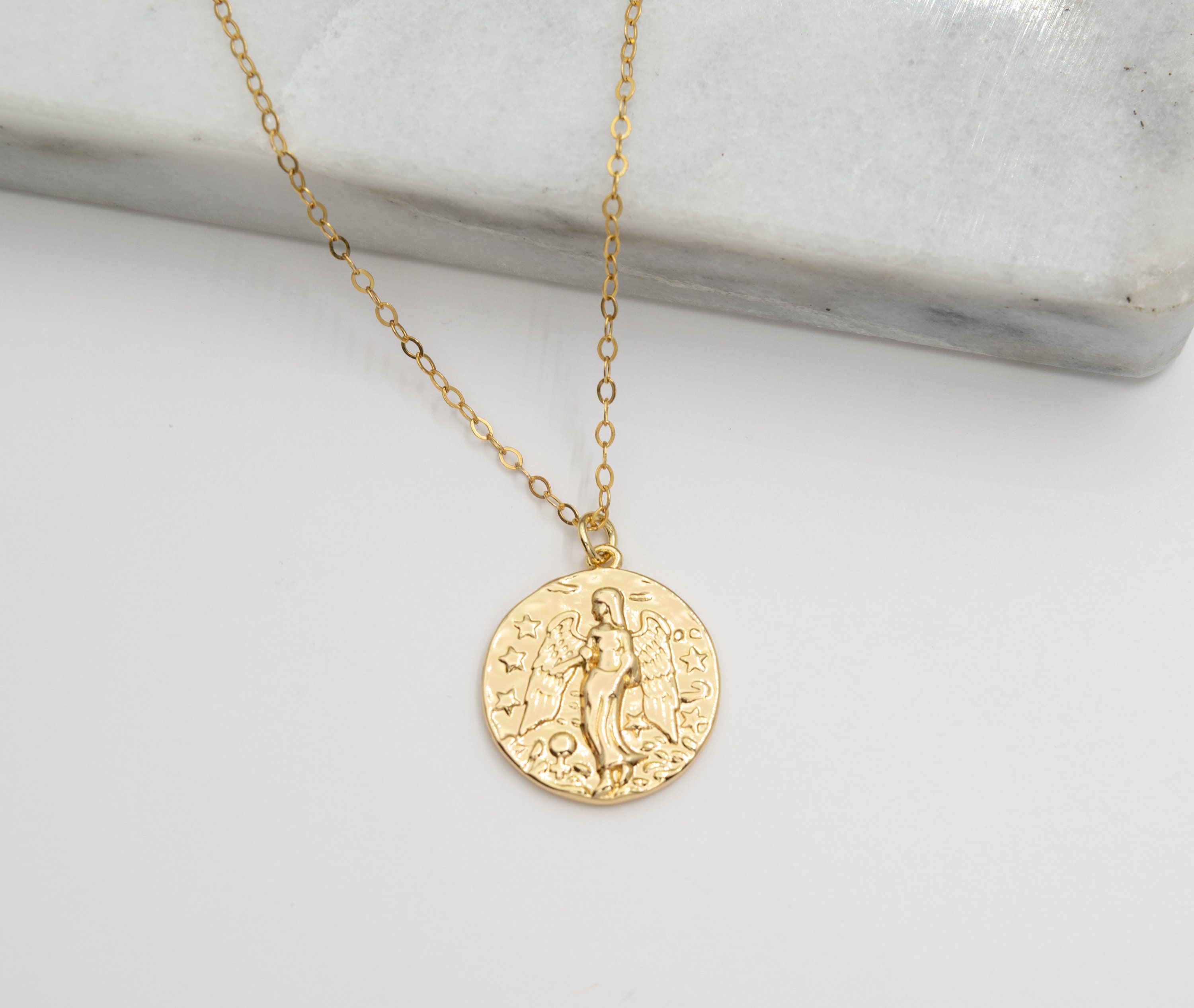 Angel Coin Necklace 14k Gold Filled Angel Medallion Necklace Etsy