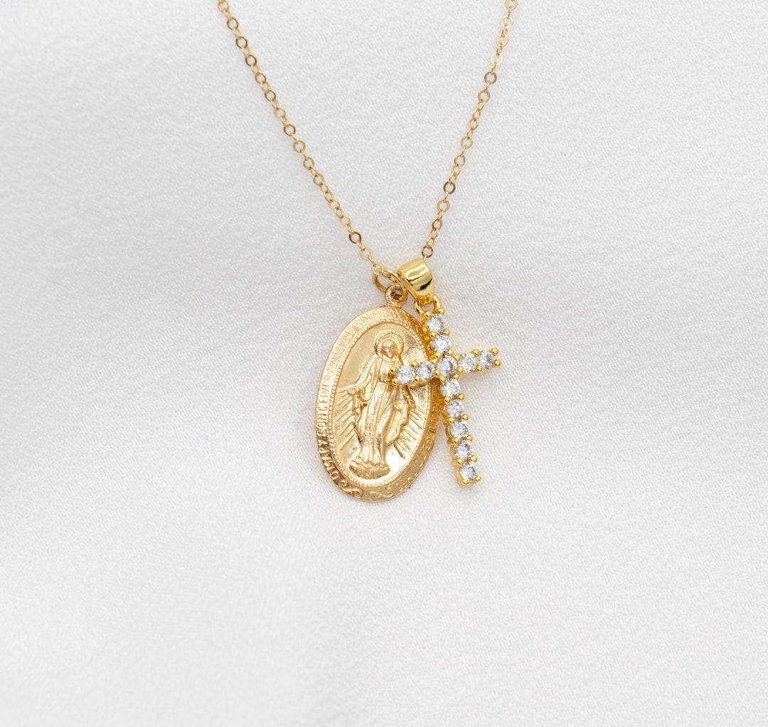 14k Gold Filled Oval Blessed Mother Virgin Mary and Cross, Our Lady of ...