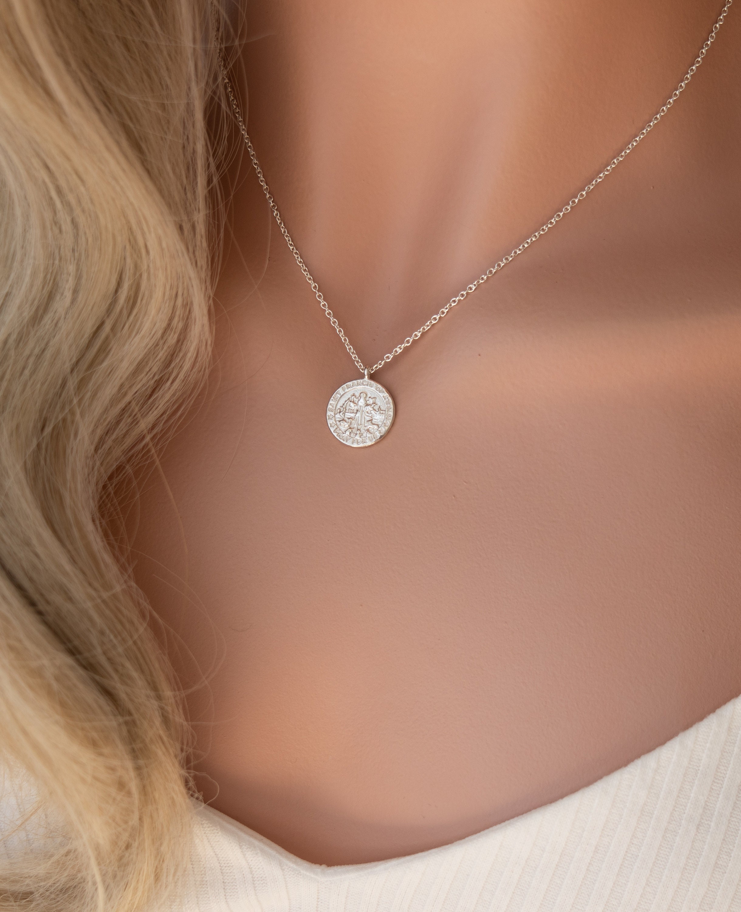 Saint Francis of Assisi Necklace, Dainty 925 Sterling Silver Coin Necklace