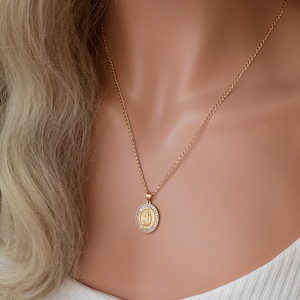 Virgin Mary Coin Necklace, 14k Gold Filled Medallion Necklace