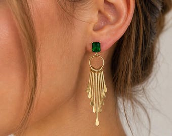 Emerald Green Statement Earrings, Gold Dangle Drop Earrings