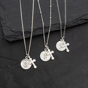 St. Christopher Sterling Silver Necklace, Small Round St. Christopher’s Pendant & Cross Necklace