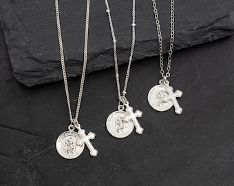 St. Christopher Sterling Silver Necklace, Small Round St. Christopher’s Pendant & Cross Necklace