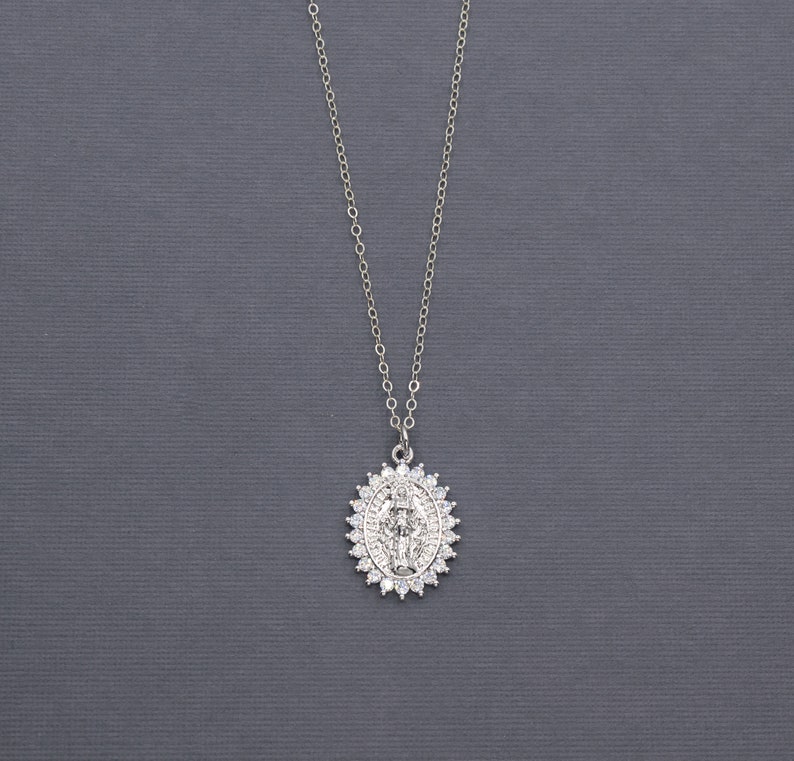 Virgin Mary Necklace, Our Lady of Guadalupe Silver Cubic Zirconia ...