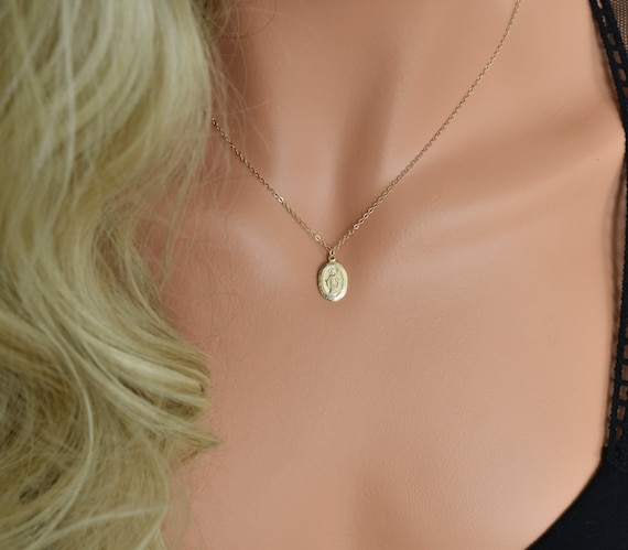 Virgin Mary Necklace, Gold Miraculous Medal Necklace, Blessed Mother Necklace, Religious Jewelry, Gift for Her
