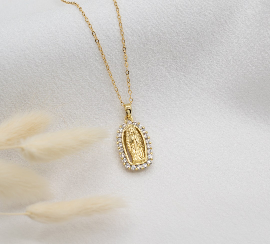 Gold Virgin Mary Necklace, Holly Mary Cubic Zirconia Medallion Necklace ...