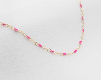 14k Gold Filled Heart Pink Chain Bracelet, Necklace