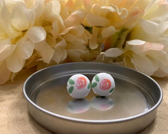 Earrings: "Rose" Cloth Button Earrings/Fabric Button Earrings