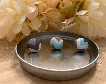 Earrings: "Gray/Tan/White Chevron" Cloth Button Earrings/Fabric Button Earrings