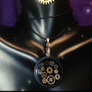 Black Circle Wood Resin Steampunk Gear Pendant and Black Leather Necklace