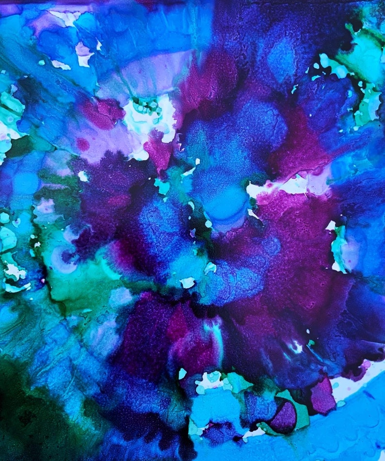 May include: Abstract painting with swirling blue, purple, and green colors. The colors blend together to create a unique and dynamic design.