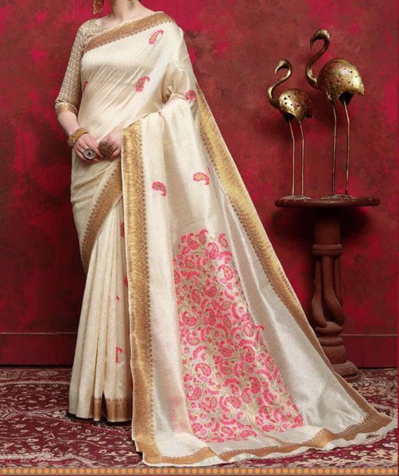 Cream Embellished New Beautifully Saree Fabric Craft Floral Weaving Marriage Wear New Art Silk Sari For Women With Blouse Piece MadeInIndia
