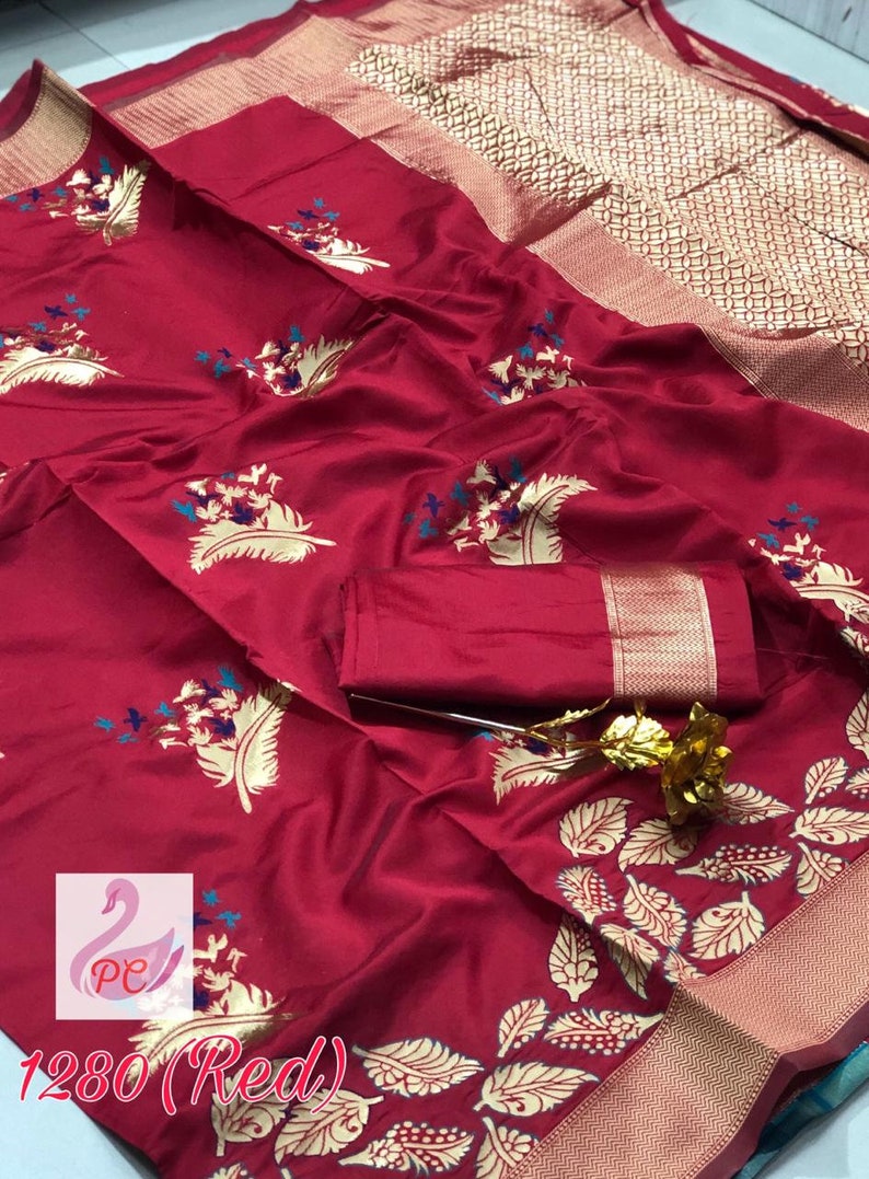 New Beautifully Embellished Saree Fabric Craft Floral Weaving Marriage Wear New Art Silk Sari For Women With Blouse Piece MadeInIndia