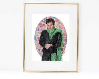 Harry Styles Fashion Illustration / Harry Styles Grammys 2021 Art Print/ Green Boa Wall Art / Harry Art / SHR Illustration /