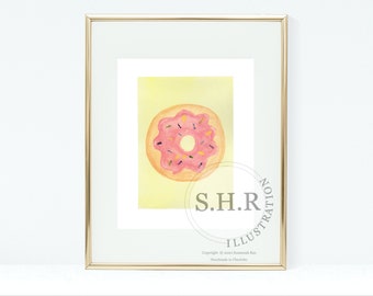 Donut Watercolor Art Print / Pink Sprinkle Doughnut Illustration/ Food Wall Art / Valentine Gift / Present / Gift For Her / SHR Illustration