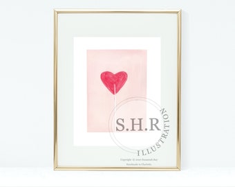 Lollipop Watercolor Art Print / Red Candy Sucker Illustration / Wall Art / Valentine's Day Gift / Present / Gift For Her /  SHR Illustration