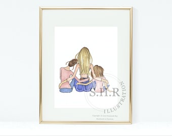 Mother and Daughters Fashion Illustration / Art Print / Mom / Family / Wall Art / Valentine Gift / Present / Gift For Her / SHR Illustration