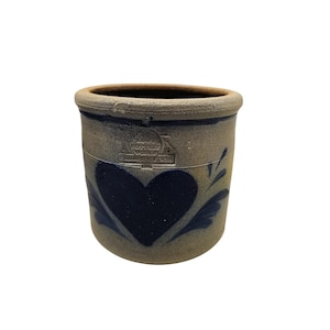 Blue Heart Crock   Rowe Pottery Works 1992 Salt Glazed 5 1/2" Blue Heart