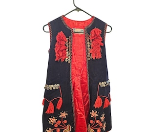Vintage Moda i Styl Pools Folk Vest Marineblauw Rood Kwastjes Borduurwerk Etnisch Klein
