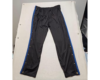 Pantalon de survêtement vintage Adidas à fermeture arracher, taille L, rayures noires et bleues, boutons-pression, référence 99018877
