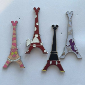 DISNEY TRADING PINS Eiffel Towers Mickey, Minnie, Tinkerbell, Cheshire- 4 Pins As Shown