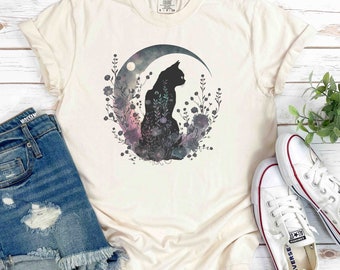 Black Cat Celestial Comfort Colors Vintage Cat and Moon Shirt Comfort Colors Watercolor Stars and Moon Mystical Boho Tshirt Halloween Cat