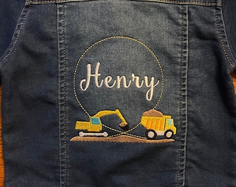 Veste en jean personnalisée brodée véhicules de construction pour bébé garçon | 0M-5T | Denim pour enfants | Cadeau pour baby shower | Faire-part de grossesse