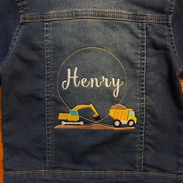 Custom Personalized Embroidered Construction Vehicles Baby Boy Denim Jacket | 0M-5T | Kids Denim |Baby Shower Gift | Pregnancy Announcement