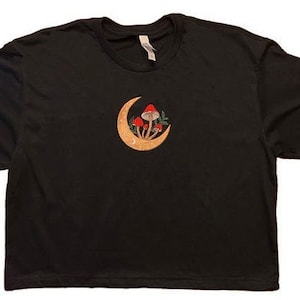 Mushroom Moon Embroidered Crop Top | Fungi | Moon | Celestial