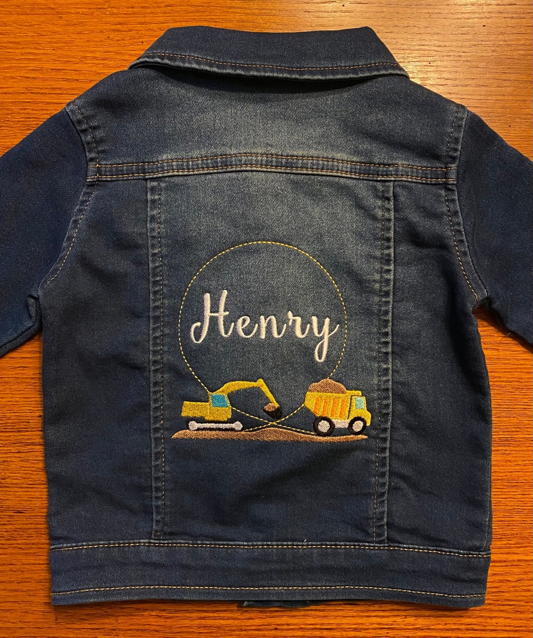Custom Personalized Embroidered Construction Vehicles Baby Boy Denim