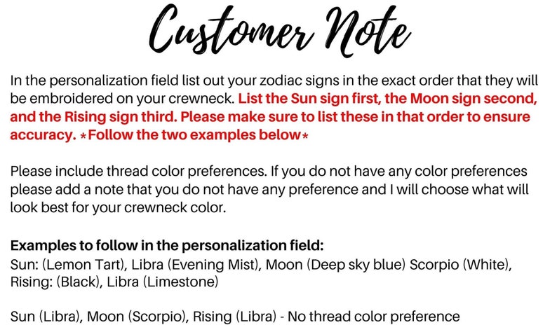 Pu&ograve; includere: Una nota per il cliente con istruzioni per personalizzare un collo a lupetto con i segni zodiacali. La nota include due esempi su come elencare i segni del Sole, della Luna e dell'Ascendente, insieme alle preferenze di colore del filo.