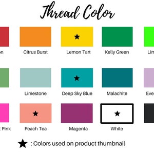 Pu&ograve; includere: Un grafico che mostra 15 colori di filo diversi con i loro nomi. I colori sono: Cinnamon Candy, Citrus Burst, Lemon Tart, Kelly Green, Lime Green, Kiwi, Limestone, Deep Sky Blue, Malachite, Evening Mist, Fluorescent Pink, Peach Tea, Magenta, White e Black. Un'icona a forma di stella indica i colori utilizzati nella miniatura del prodotto.