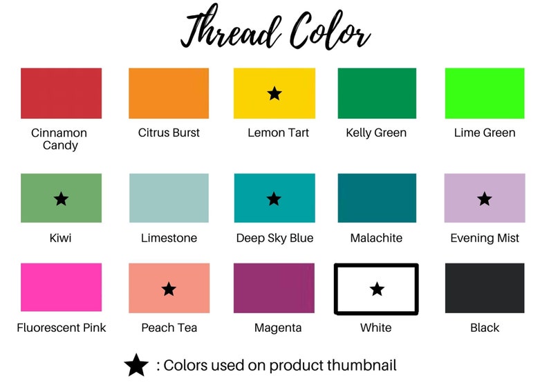 Pu&ograve; includere: Un grafico che mostra 15 colori di filo diversi con i loro nomi. I colori sono: Cinnamon Candy, Citrus Burst, Lemon Tart, Kelly Green, Lime Green, Kiwi, Limestone, Deep Sky Blue, Malachite, Evening Mist, Fluorescent Pink, Peach Tea, Magenta, White e Black. Un'icona a forma di stella indica i colori utilizzati nella miniatura del prodotto.