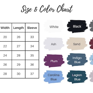 Pu&ograve; includere: Tabella delle taglie e dei colori per abbigliamento con misure in pollici per larghezza, lunghezza e lunghezza della manica. I colori includono bianco, nero, grigio scuro, grigio chiaro, sabbia, marrone, prugna, blu indaco, blu chiaro, blu carolina, blu legione e grigio sportivo.
