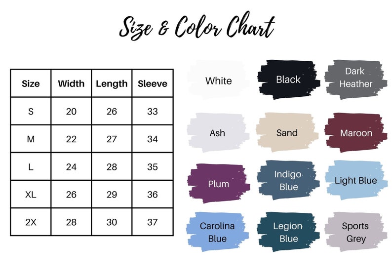 Pu&ograve; includere: Tabella delle taglie e dei colori per abbigliamento con misure in pollici per larghezza, lunghezza e lunghezza della manica. I colori includono bianco, nero, grigio scuro, grigio chiaro, sabbia, marrone, prugna, blu indaco, blu chiaro, blu carolina, blu legione e grigio sportivo.