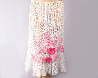 Crochet Skirt Size S(6)- M(8), White Cotton Skirt with 3D Flowers, Birthday Gift for Women