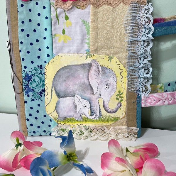 Elephant Junk Journal, Fabric Journal, Whimsical Journal, Memory Keeper, Art Journal, Animal Lover Journal, Glue Book, Scrapbook, Gift Idea