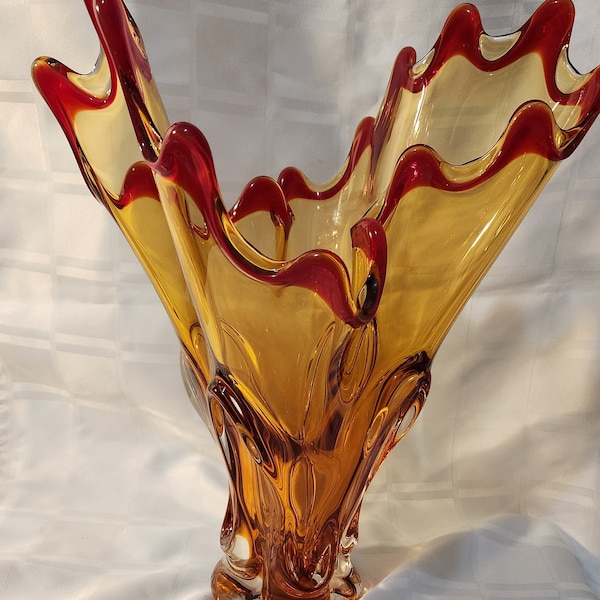 LIVRAISON GRATUITE Magnifique vase EDAG extrêmement rare Fazzoletto rouge bordé sur ambre