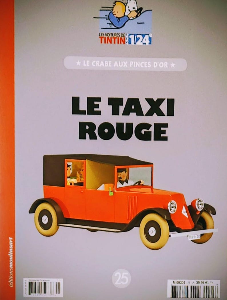 May include: A book cover featuring a red vintage taxi with a black roof. The text "LE TAXI ROUGE" is prominently displayed. The cover also includes the text "LES VOITURES DE TINTIN 124" and "LE CRABE AUX PINCES D'OR".