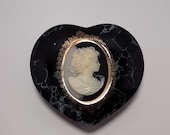 Black porcelain marble look heart shaped cameo trinket box