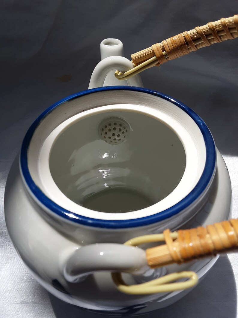 HIC Japan teapot white with blue trim and blue symbols Etsy