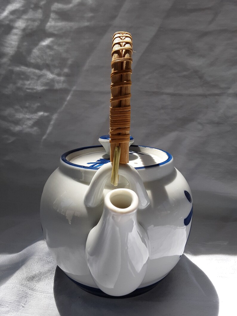 HIC Japan teapot white with blue trim and blue symbols Etsy