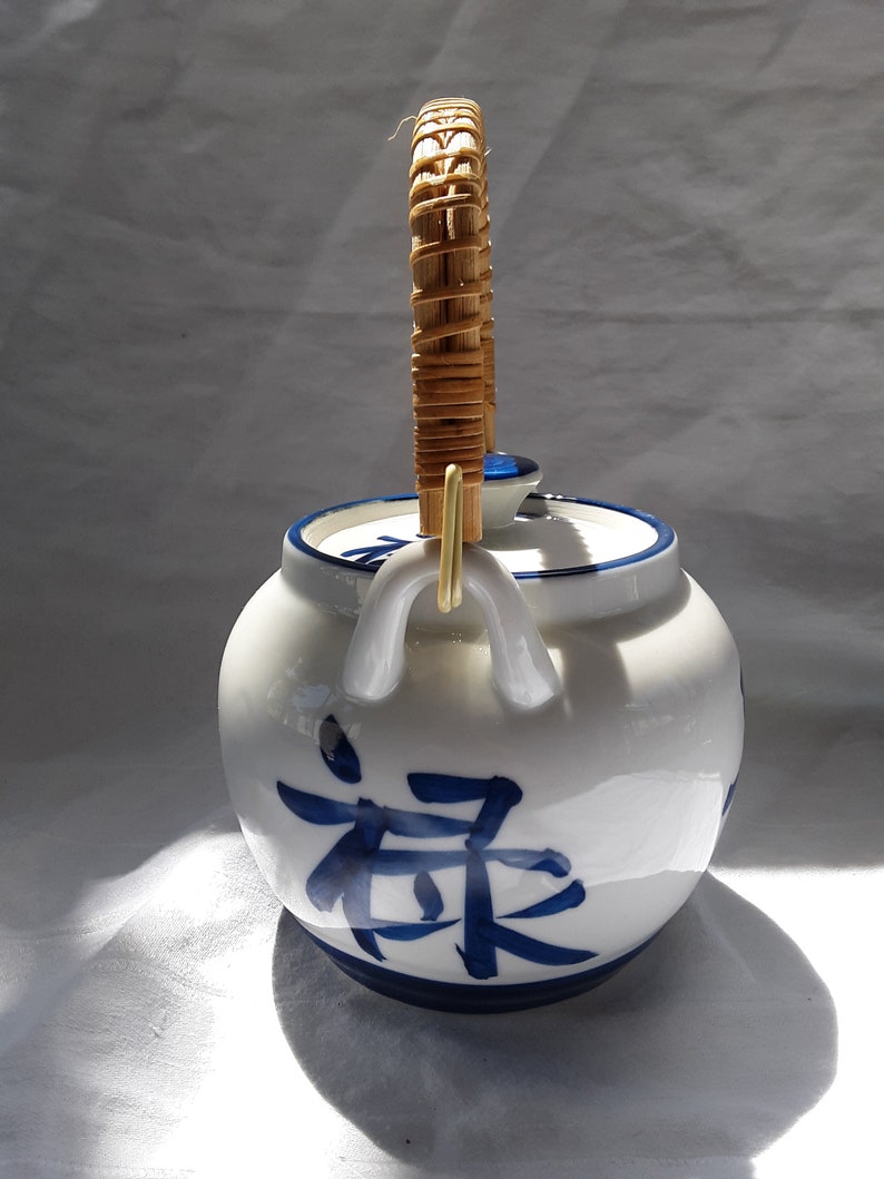 HIC Japan teapot white with blue trim and blue symbols Etsy