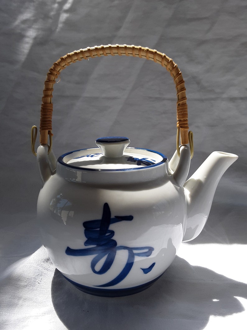 HIC Japan teapot white with blue trim and blue symbols Etsy