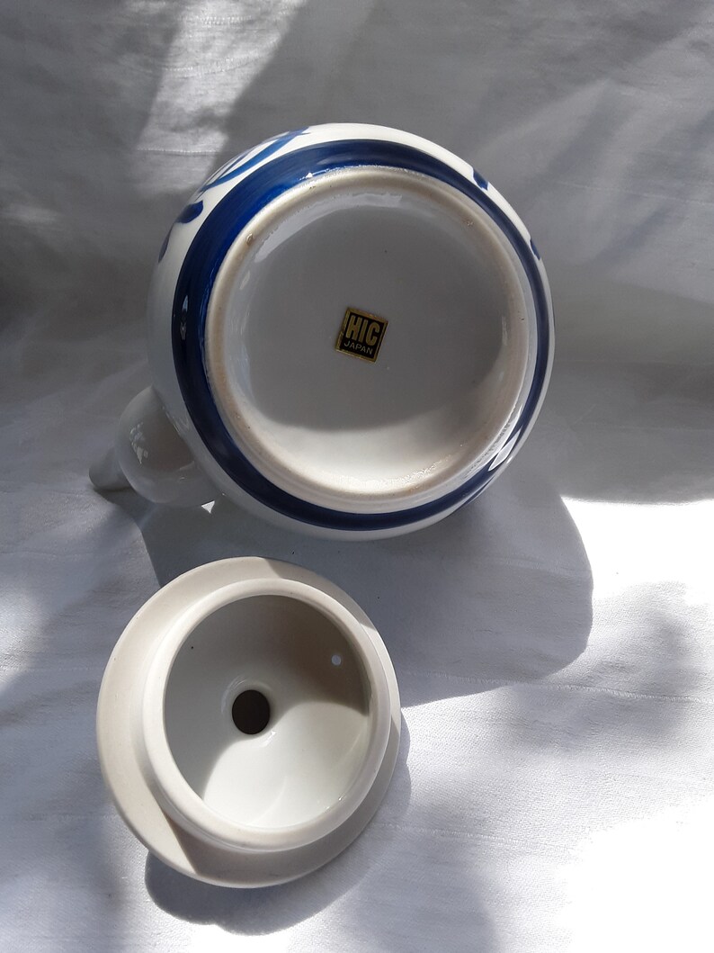 HIC Japan teapot white with blue trim and blue symbols Etsy