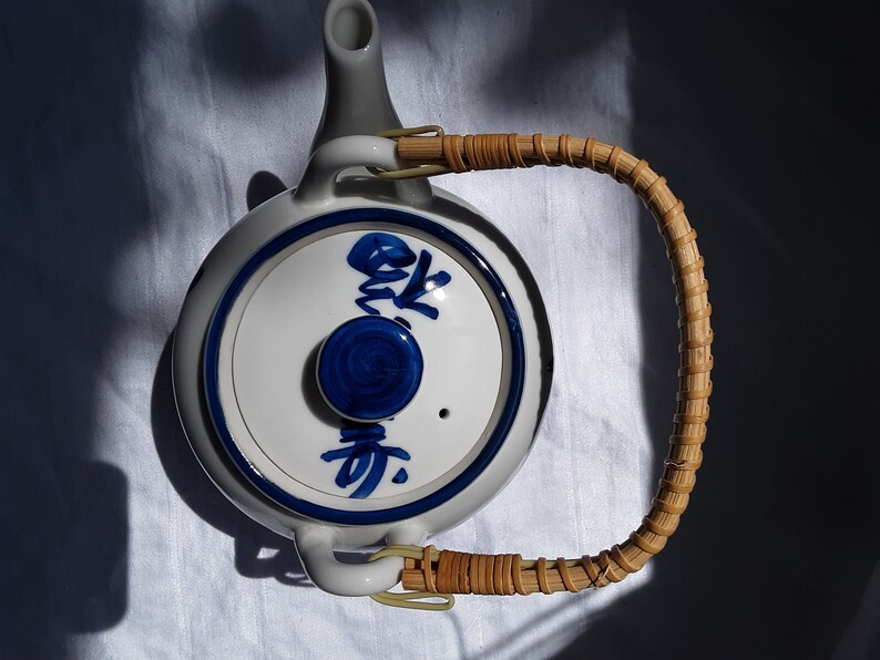HIC Japan teapot white with blue trim and blue symbols Etsy